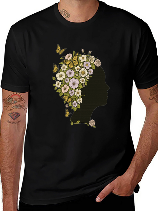 Floral Woman Graphic Tee - Black Cotton T-Shirt