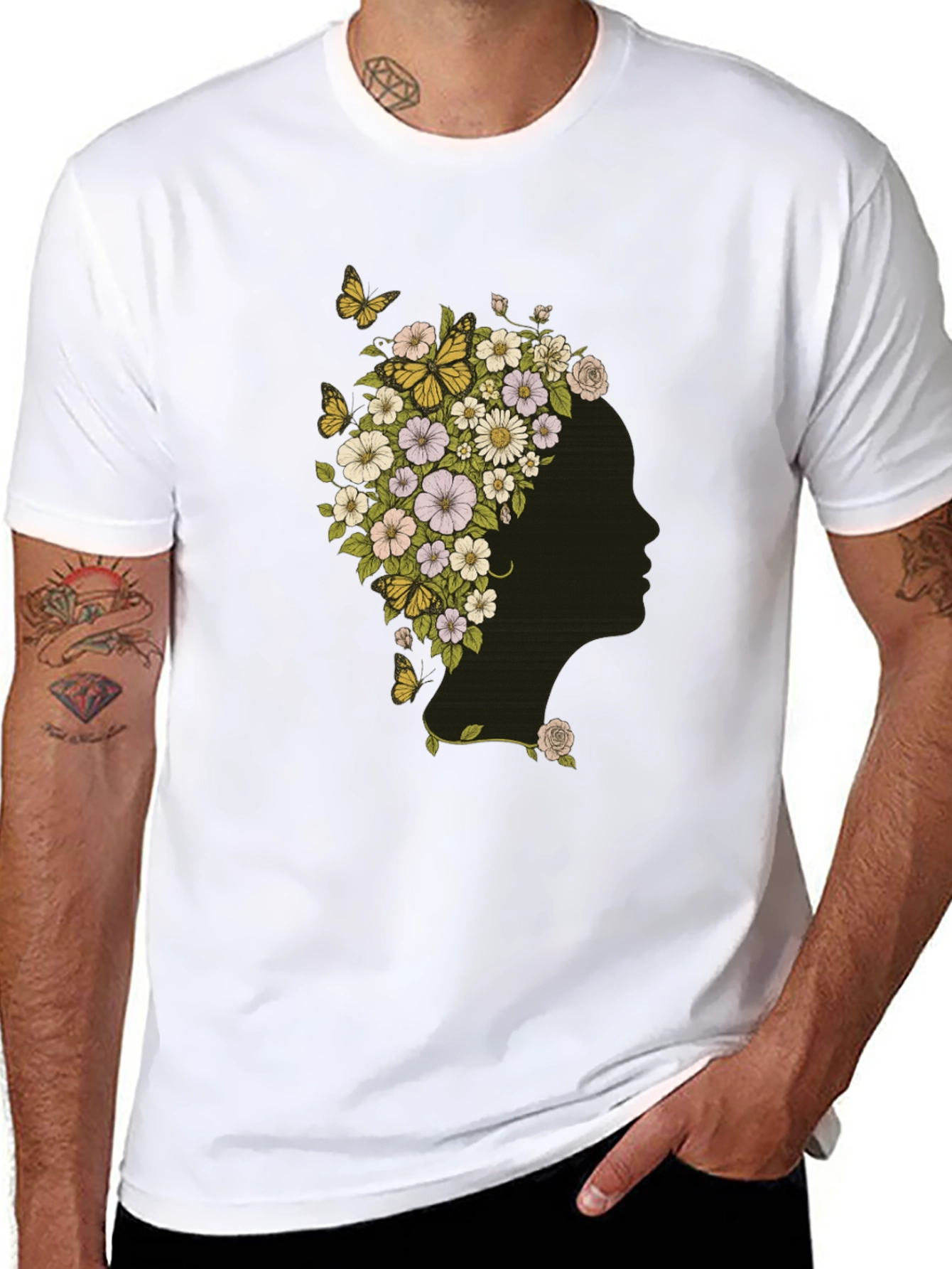 Floral Woman Graphic Tee - Black Cotton T-Shirt