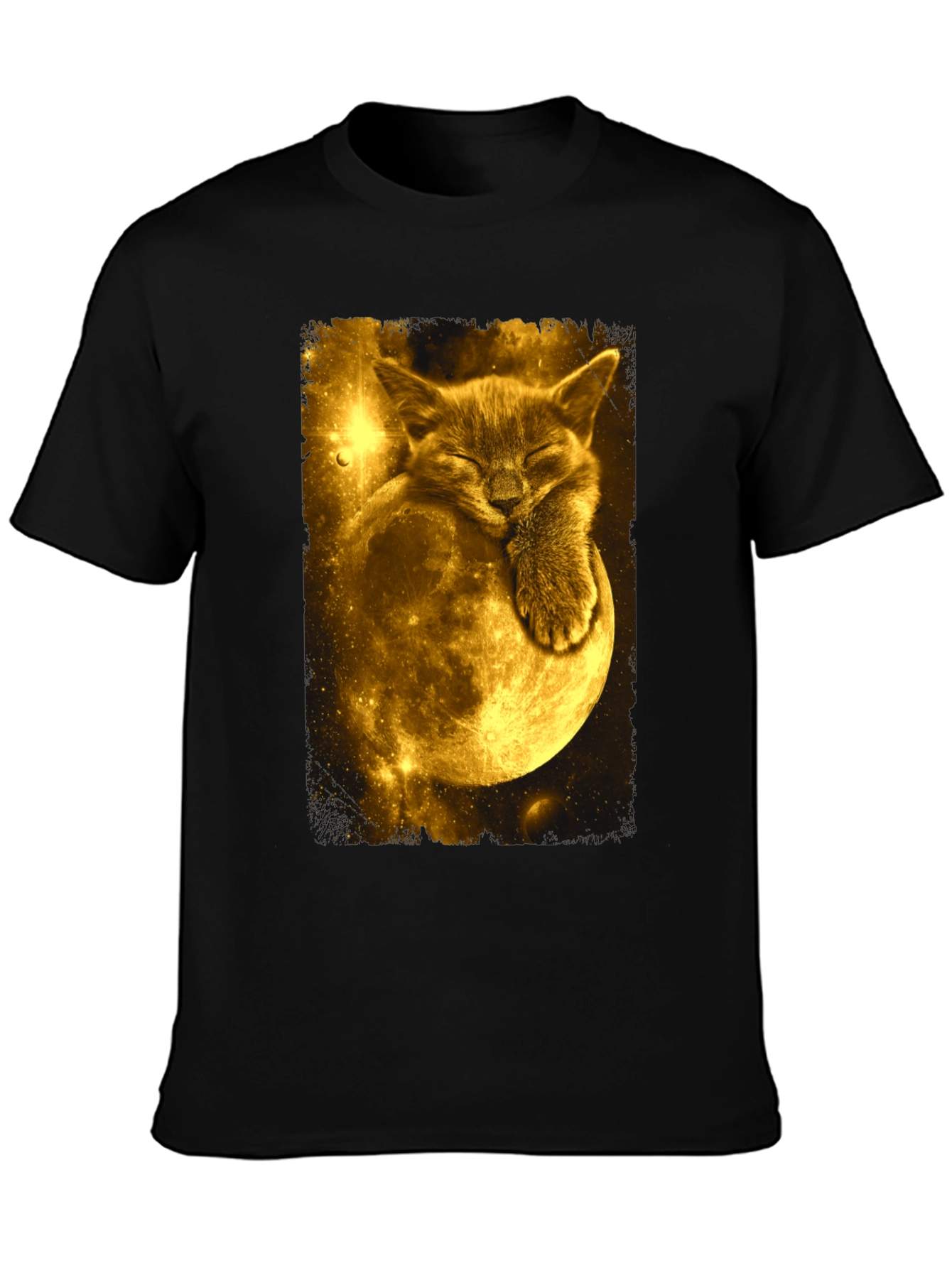 Cat Moon Graphic Tee - Black Cotton Blend T-Shirt