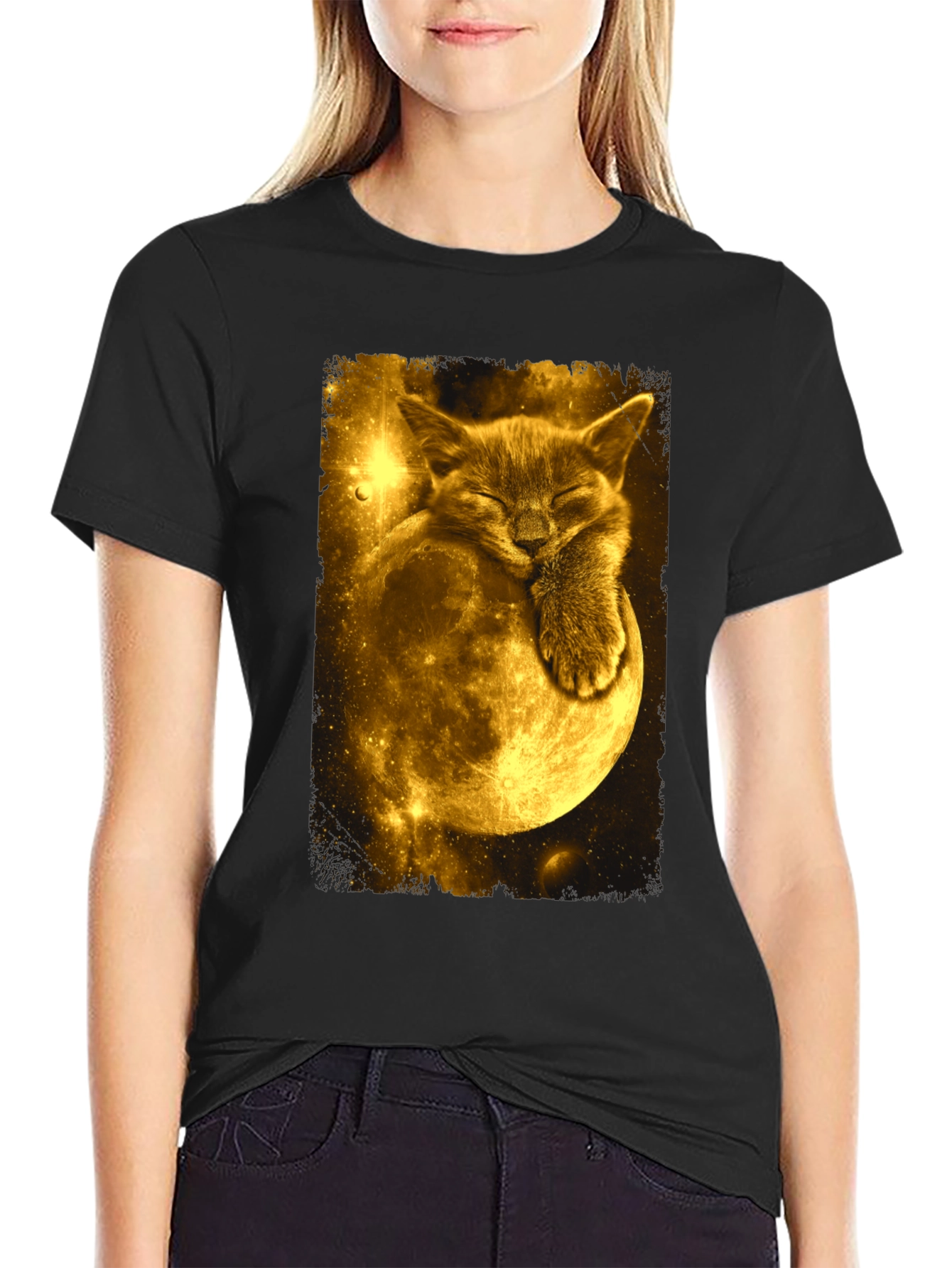 Cat Moon Graphic Tee - Black Cotton Blend T-Shirt