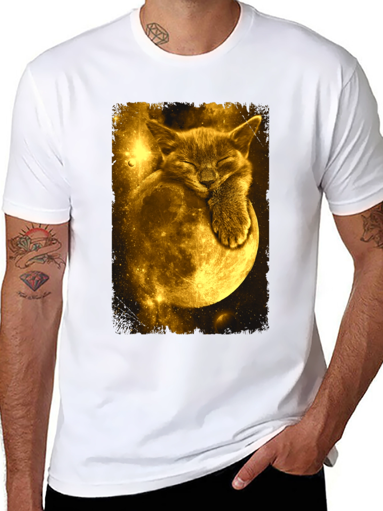 Cat Moon Graphic Tee - Black Cotton Blend T-Shirt