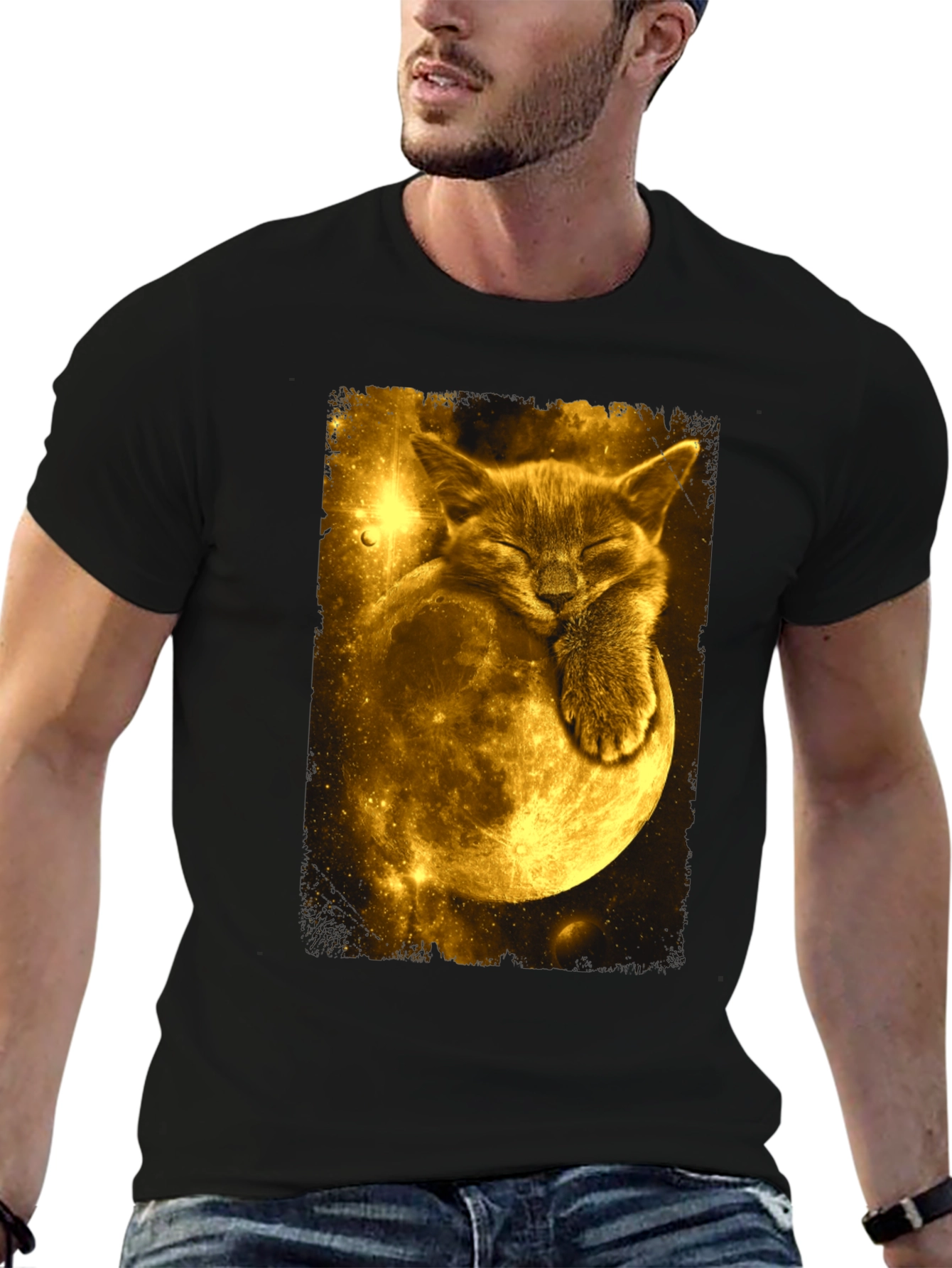 Cat Moon Graphic Tee - Black Cotton Blend T-Shirt