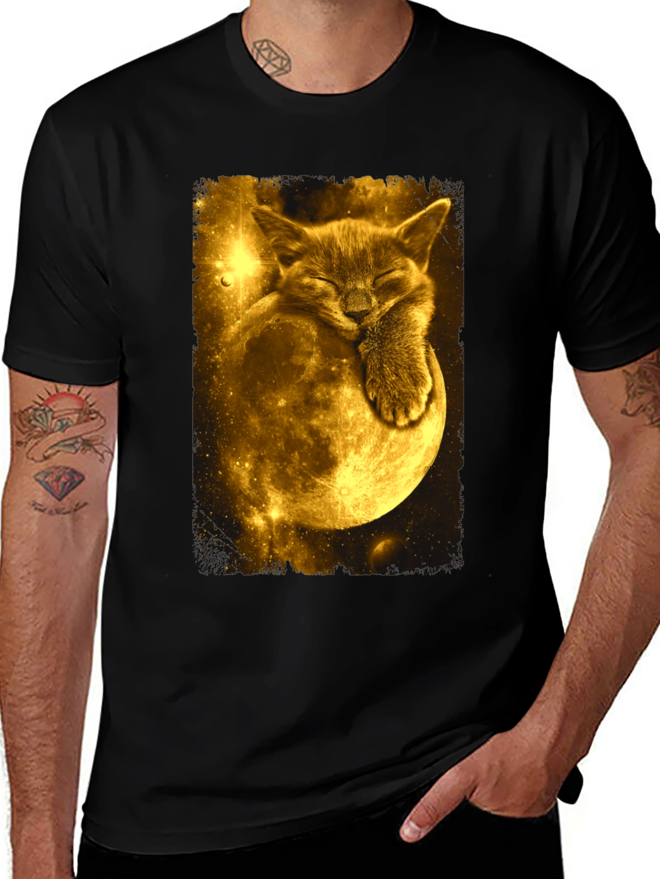 Cat Moon Graphic Tee - Black Cotton Blend T-Shirt