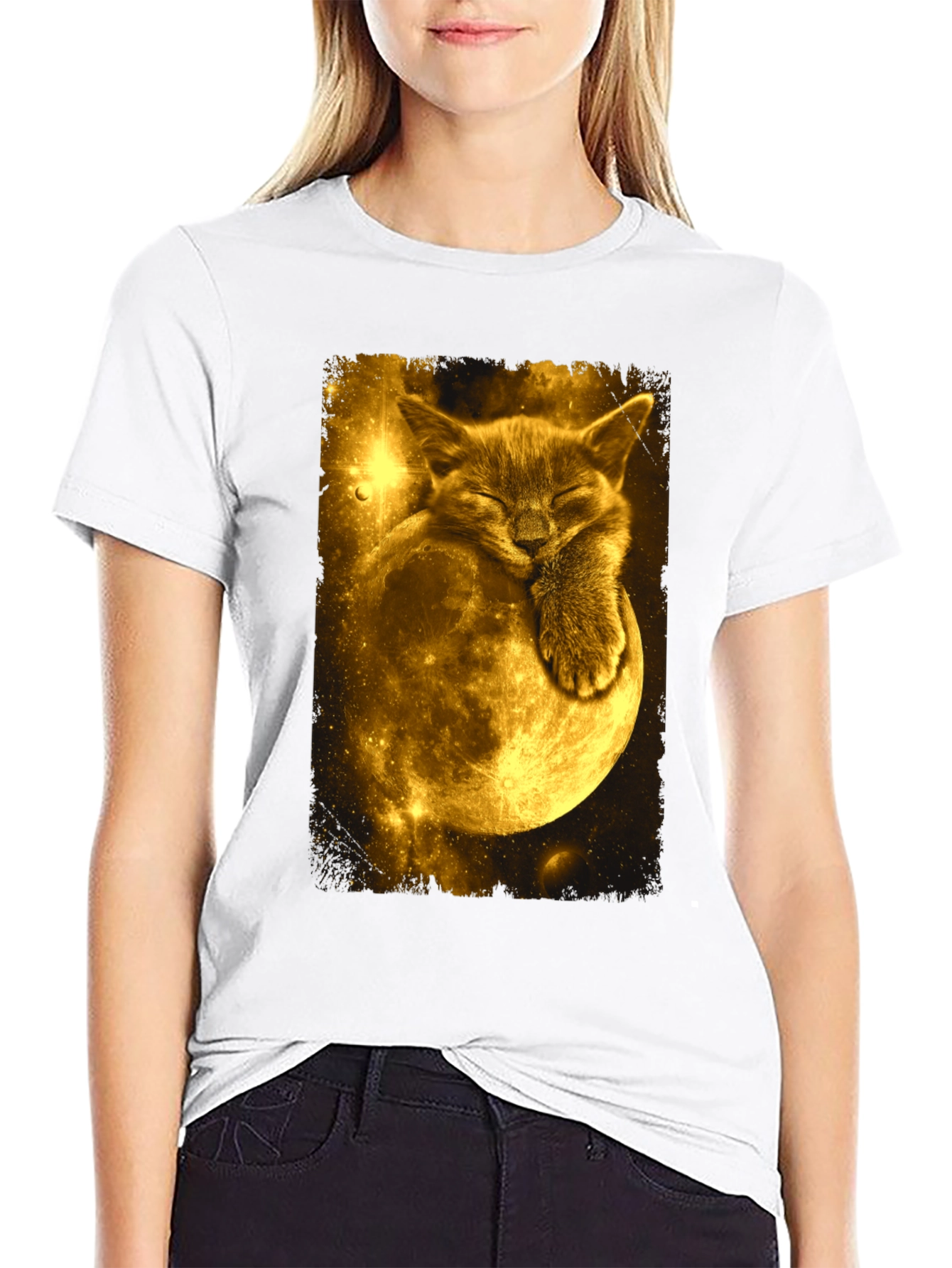 Cat Moon Graphic Tee - Black Cotton Blend T-Shirt