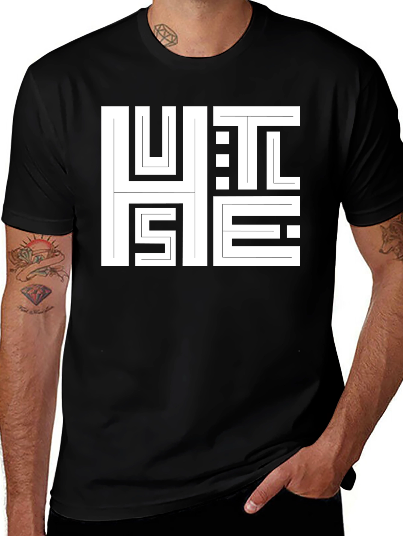Abstract HUSTLE Graphic Print T-Shirt - Black