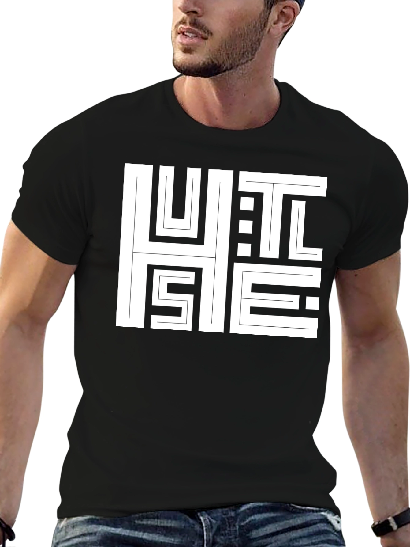 Abstract HUSTLE Graphic Print T-Shirt - Black