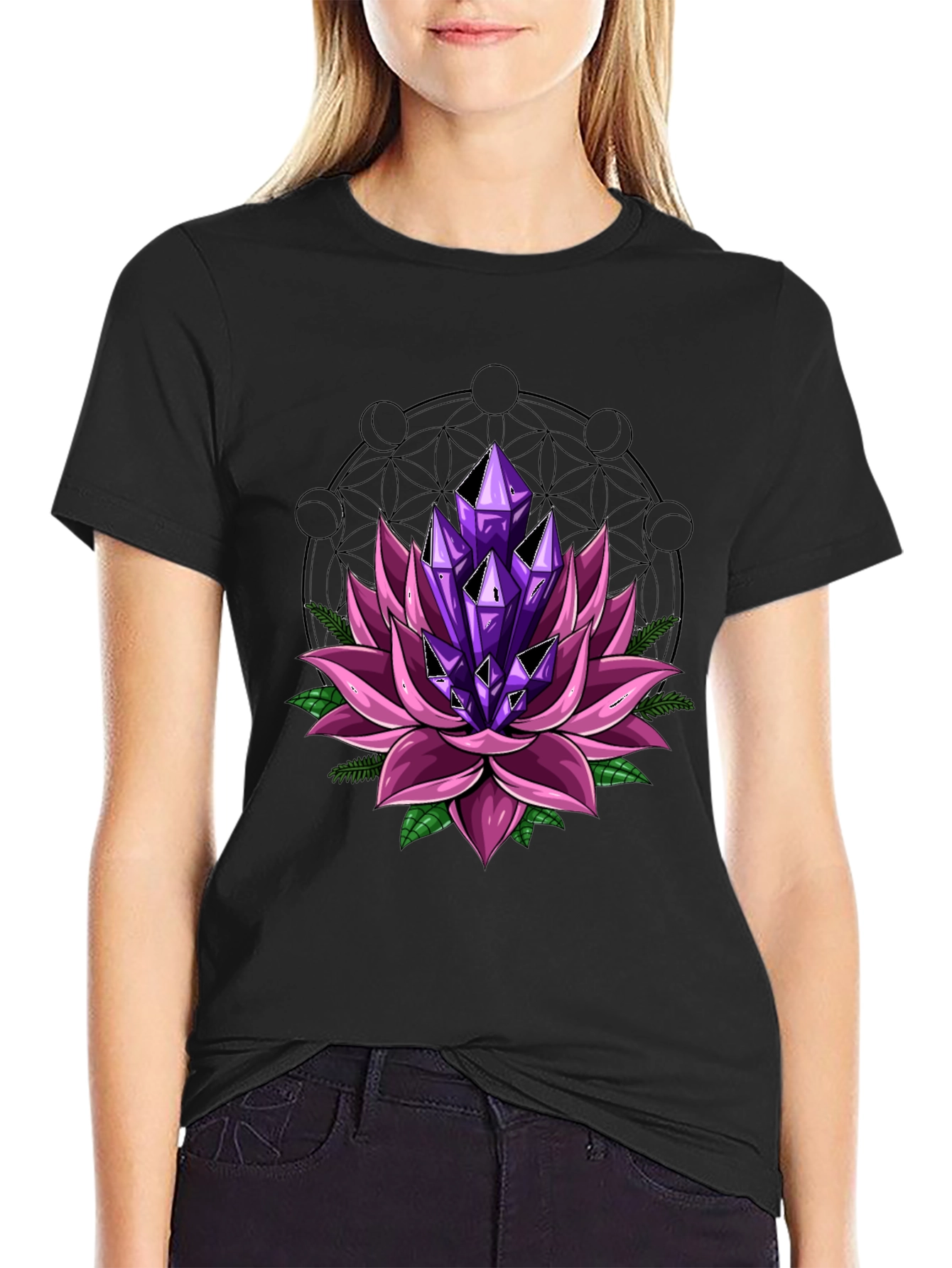 Lotus Flower Crystal T-Shirt - Black Graphic Tee