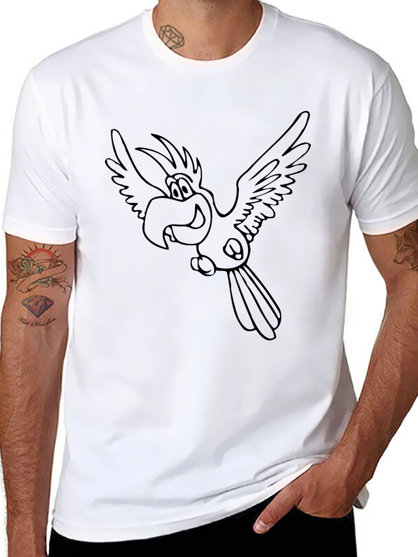 Cartoon Parrot T-Shirt - Black Casual Tee