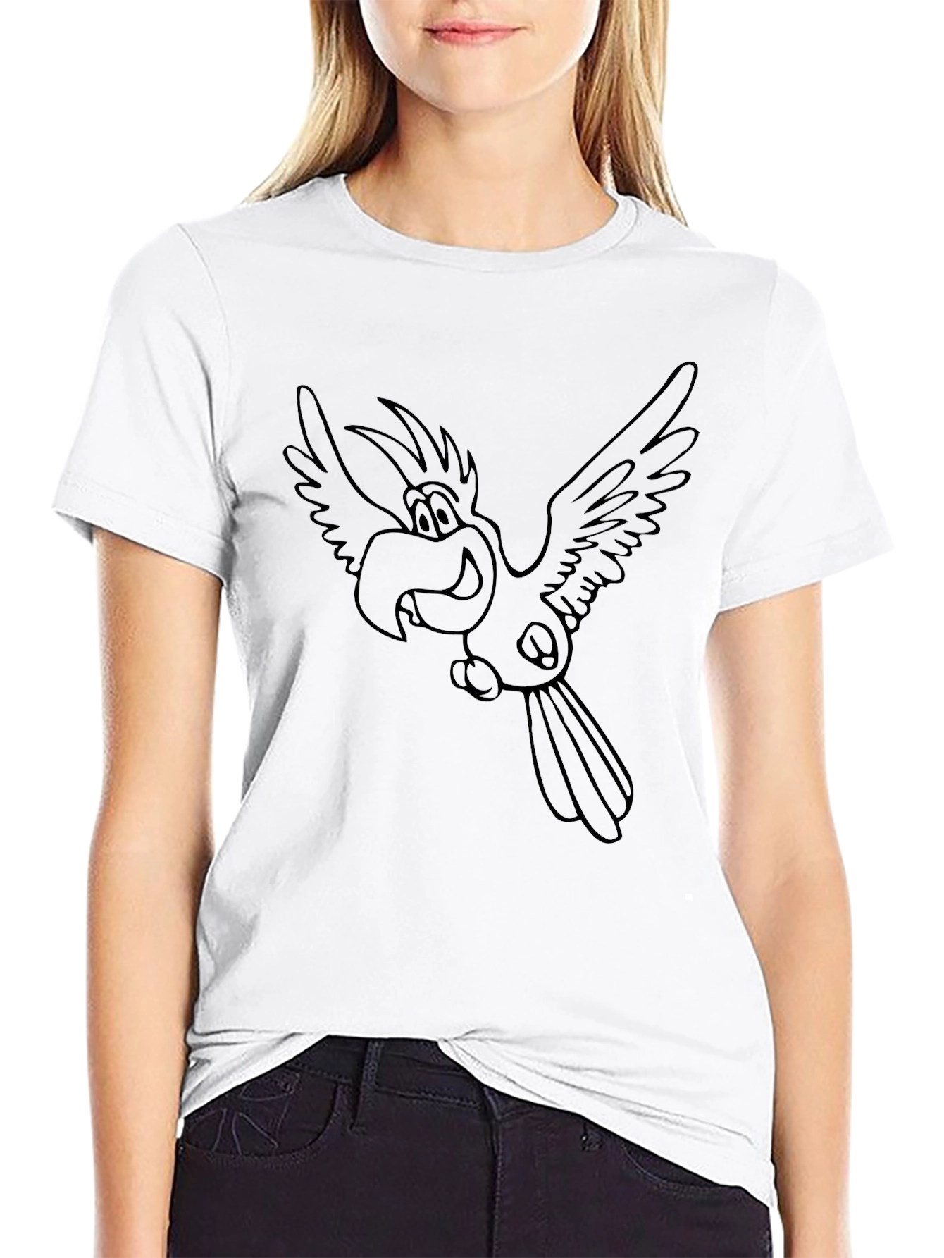 Cartoon Parrot T-Shirt - Black Casual Tee