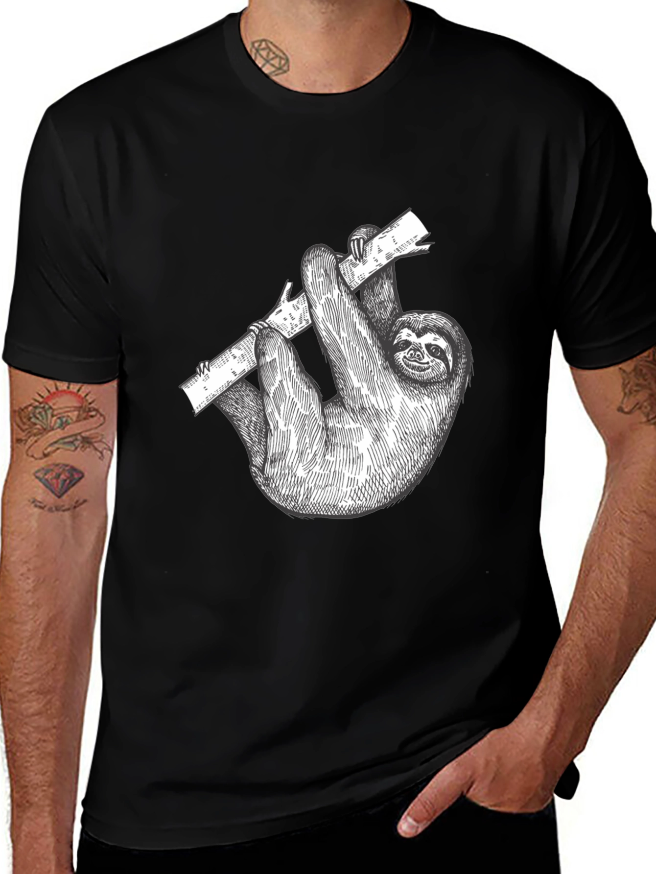 Sloth on Branch Black Graphic T-Shirt