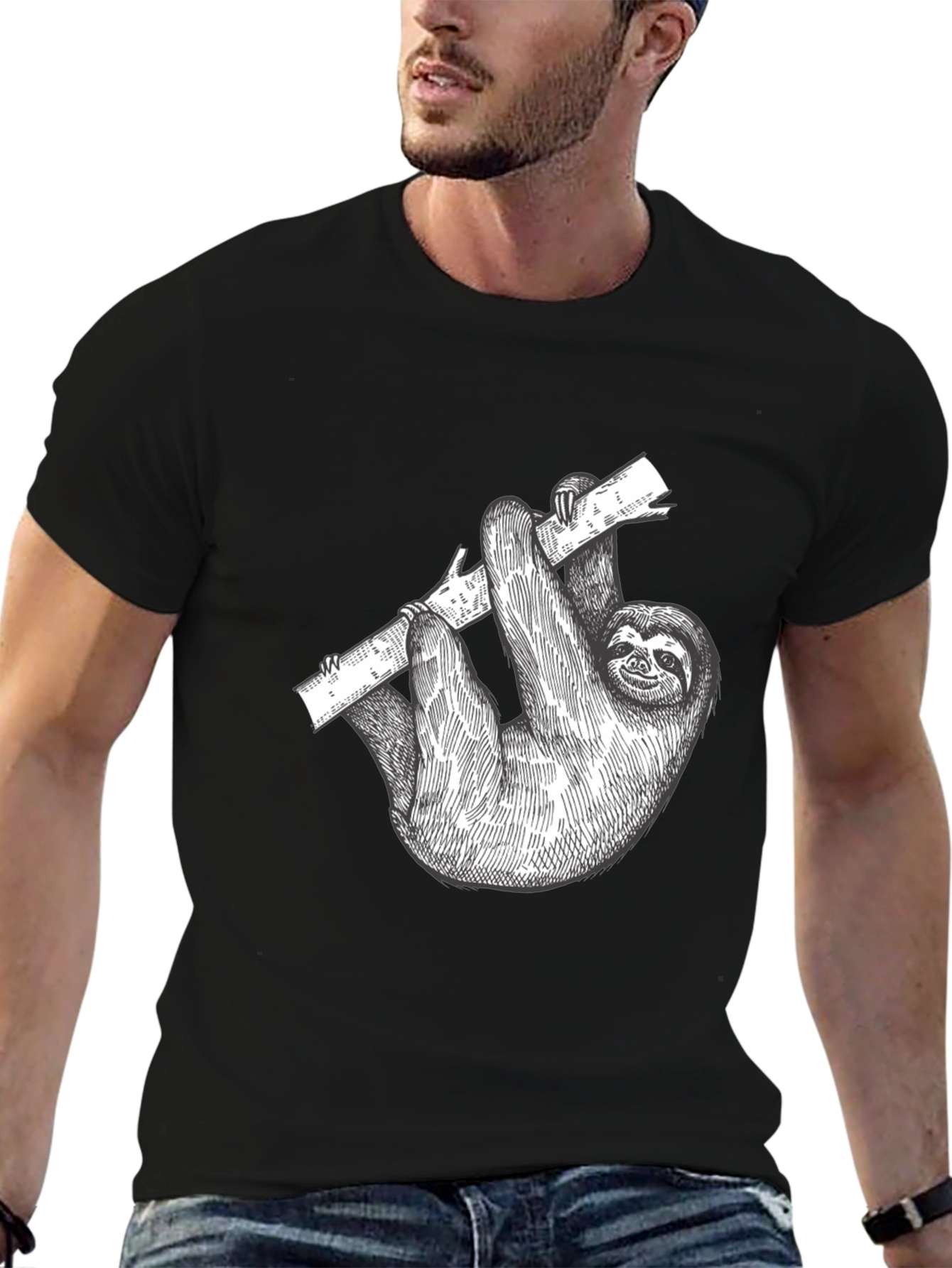 Sloth on Branch Black Graphic T-Shirt