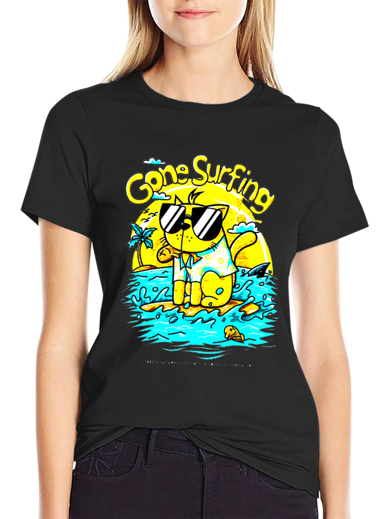 Gone Surfing Cat Graphic T-Shirt - Black