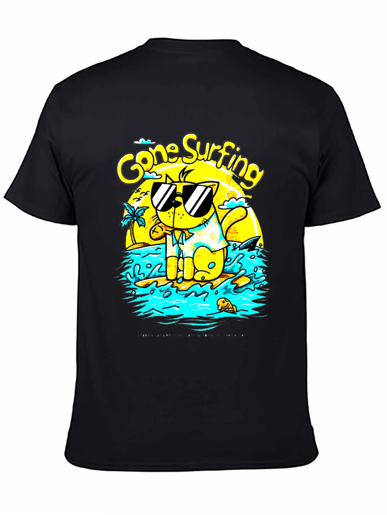 Gone Surfing Cat Graphic T-Shirt - Black