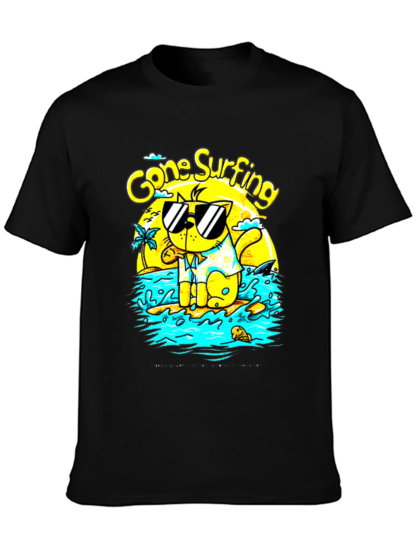 Gone Surfing Cat Graphic T-Shirt - Black