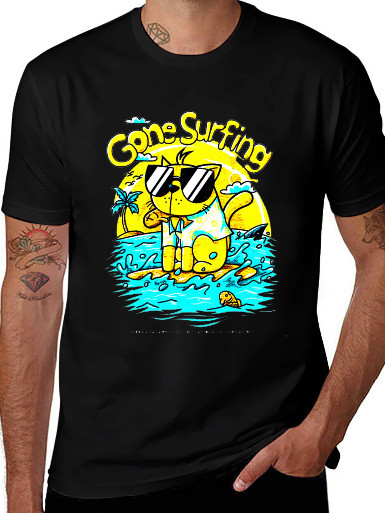 Gone Surfing Cat Graphic T-Shirt - Black