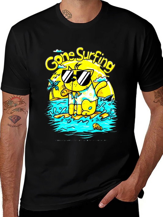 Gone Surfing Cat Graphic T-Shirt - Black