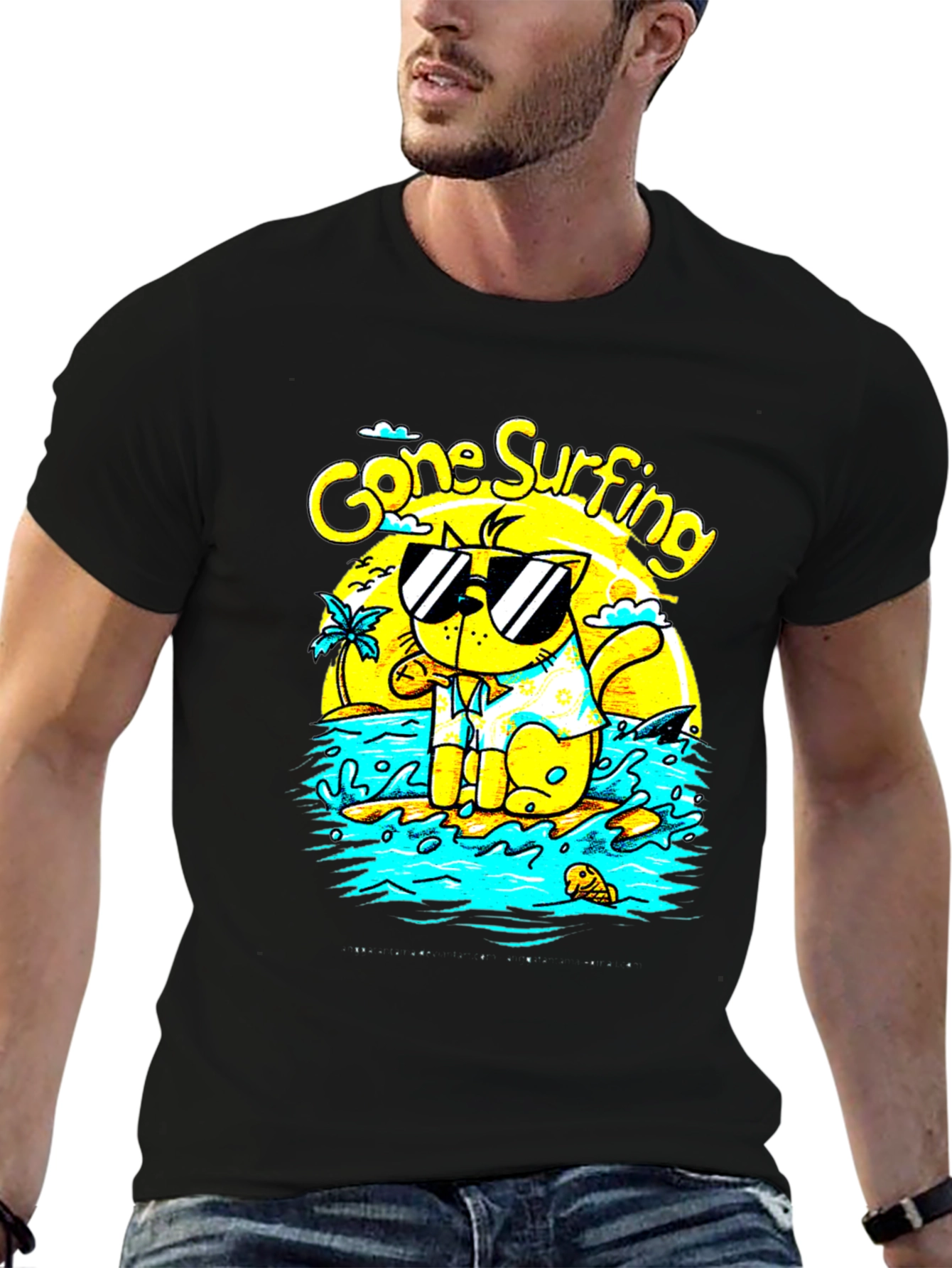 Gone Surfing Cat Graphic T-Shirt - Black
