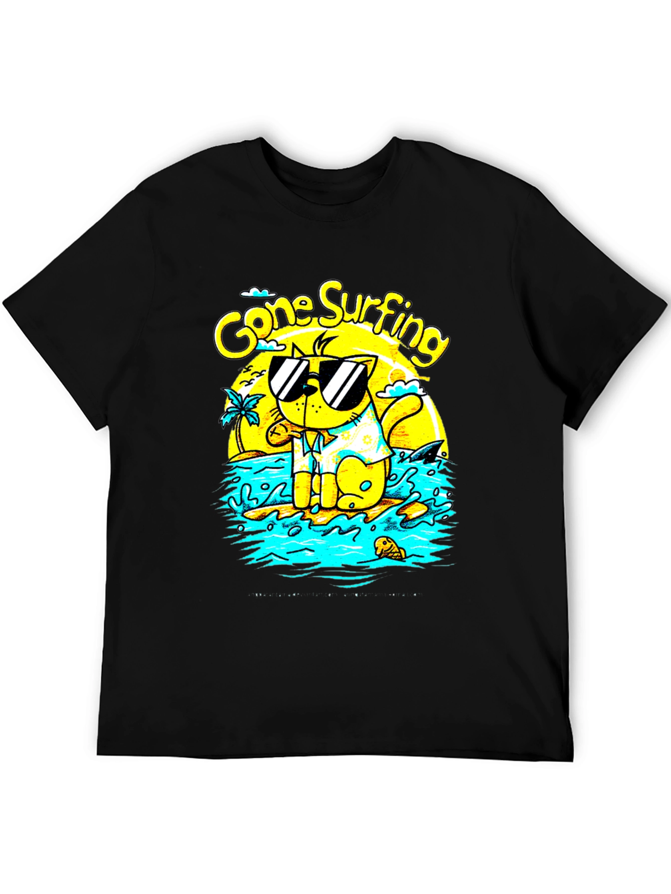 Gone Surfing Cat Graphic T-Shirt - Black