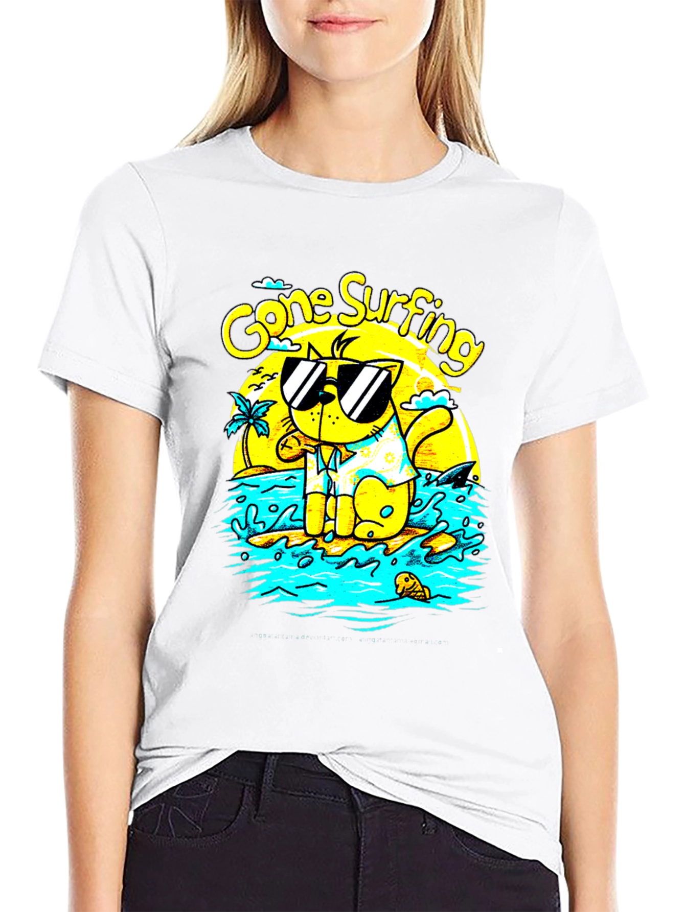 Gone Surfing Cat Graphic T-Shirt - Black