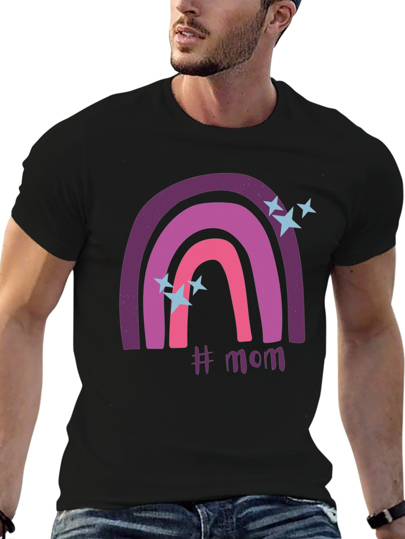 Trendy #Mom Rainbow Graphic Tee - Black Cotton T-Shirt