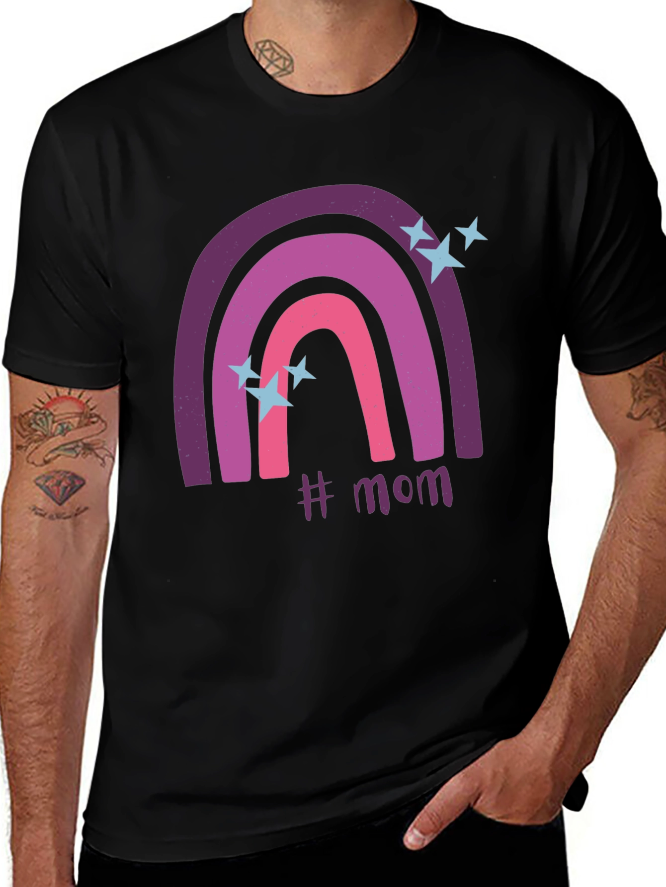 Trendy #Mom Rainbow Graphic Tee - Black Cotton T-Shirt