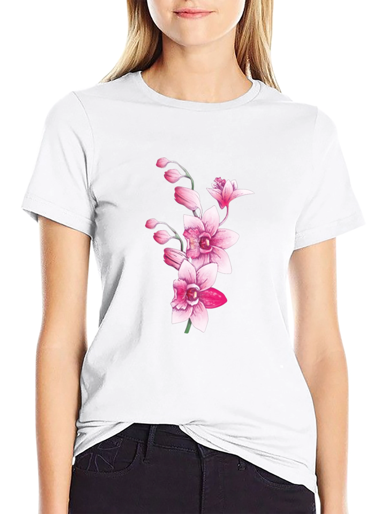 Black Floral Orchid Graphic T-Shirt