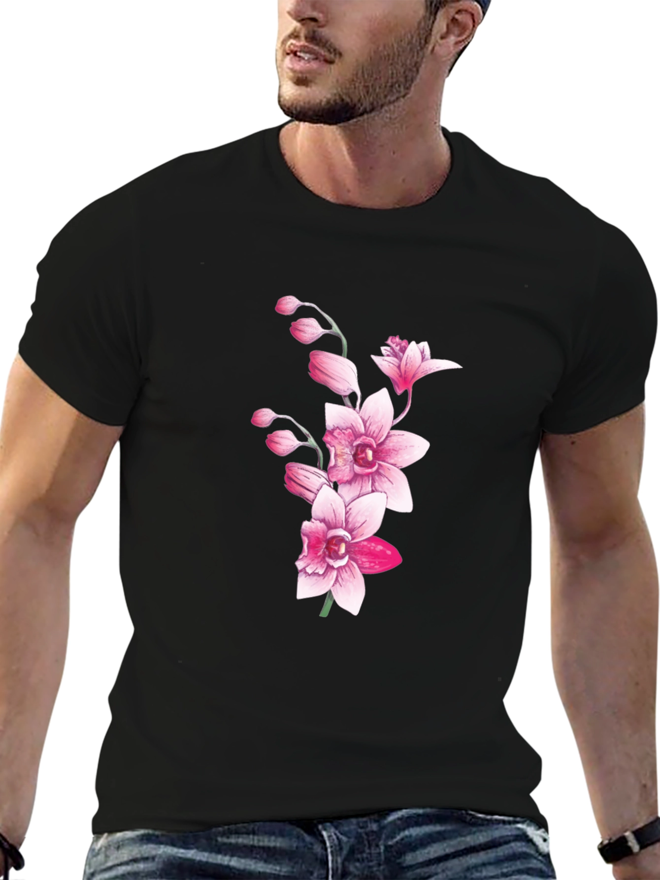 Black Floral Orchid Graphic T-Shirt