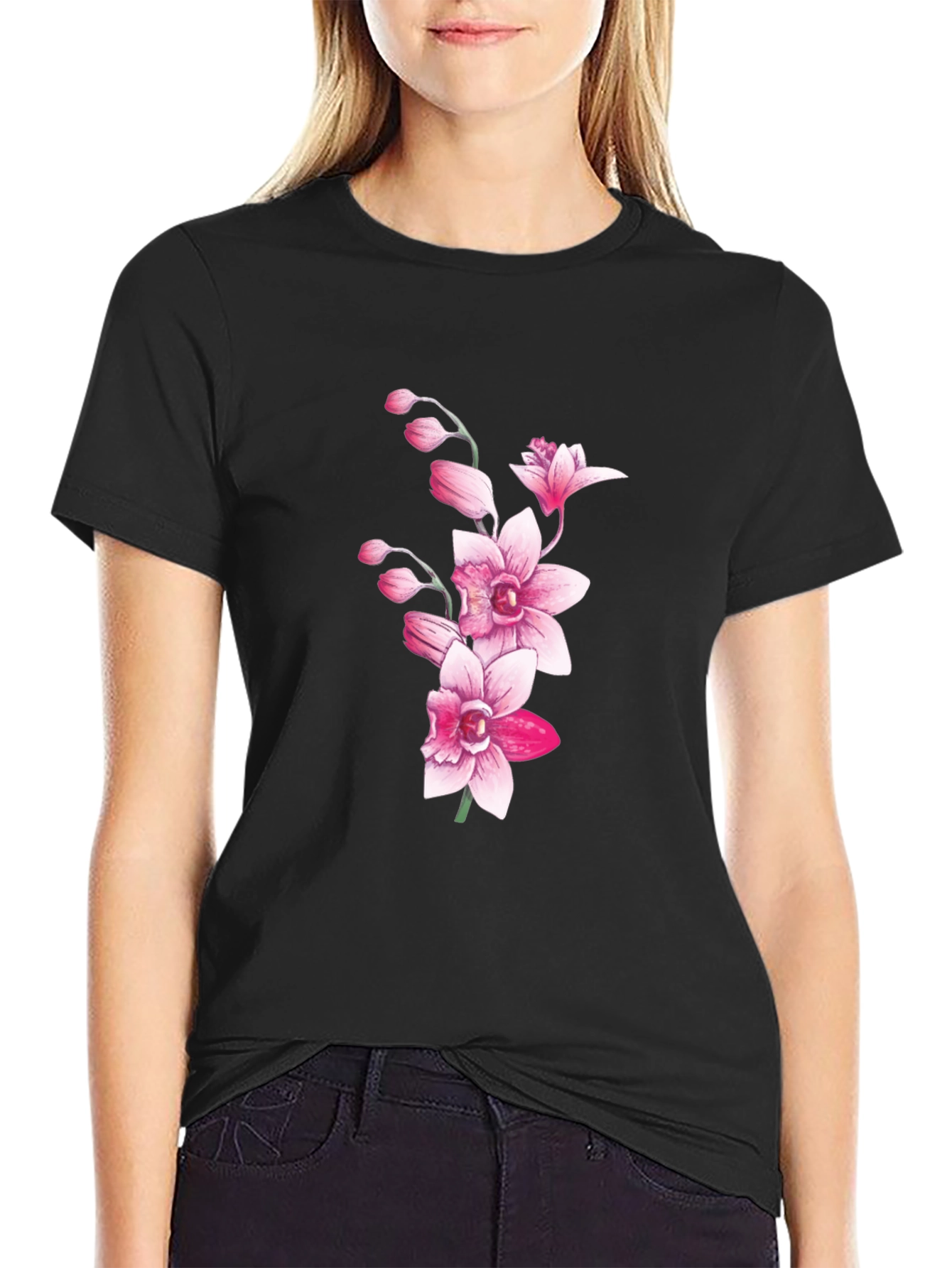 Black Floral Orchid Graphic T-Shirt