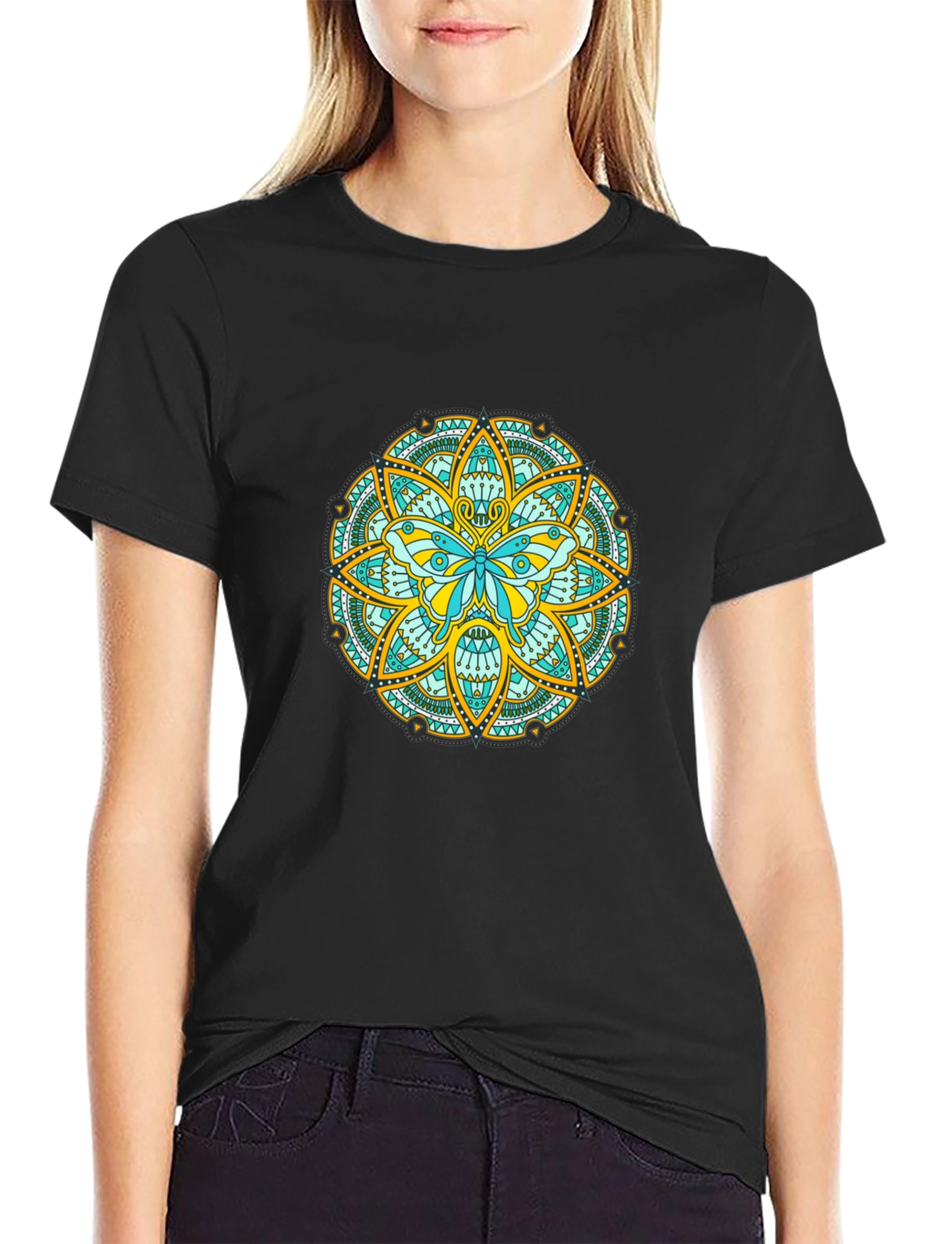 Butterfly Mandala Graphic Tee - Black Casual Shirt