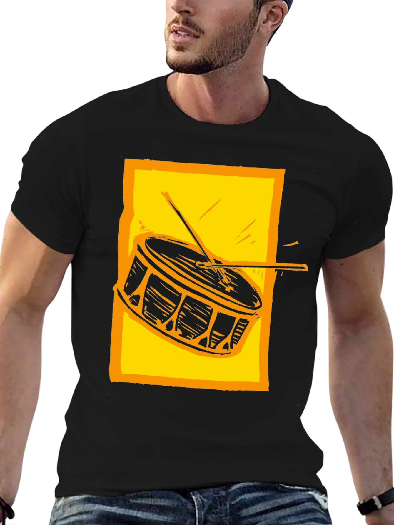 Drum Graphic Tee - Black Cotton Crew Neck