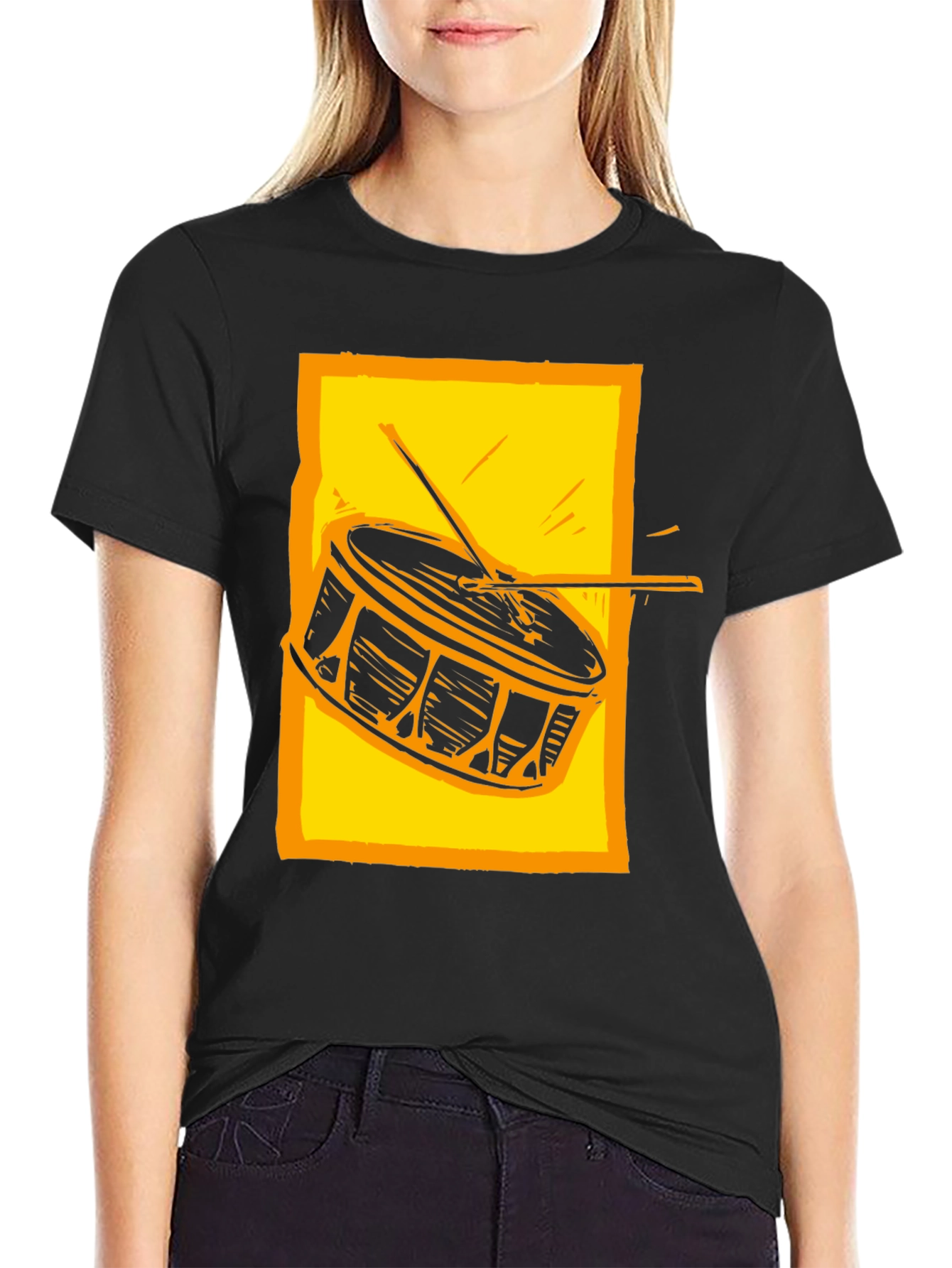 Drum Graphic Tee - Black Cotton Crew Neck