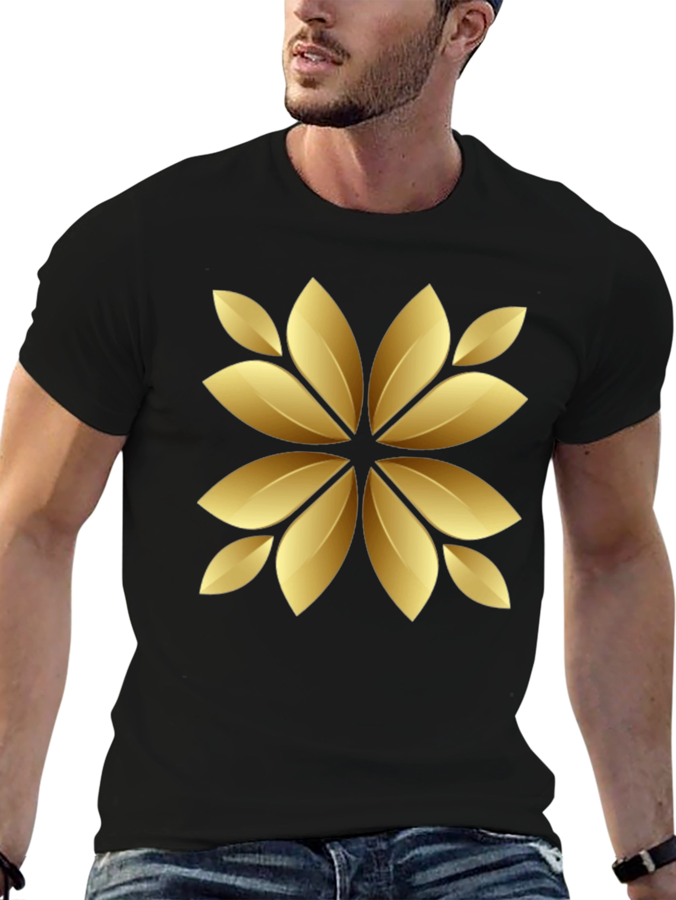 Golden Floral Print Black T-Shirt