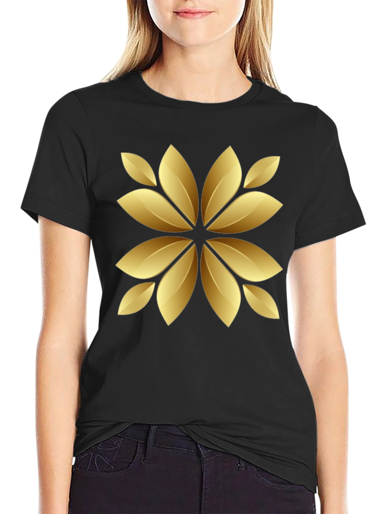 Golden Floral Print Black T-Shirt