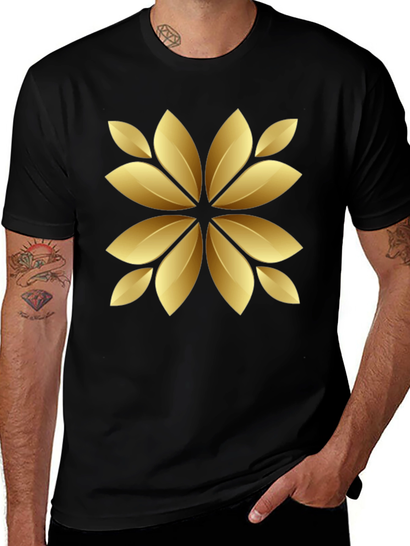 Golden Floral Print Black T-Shirt