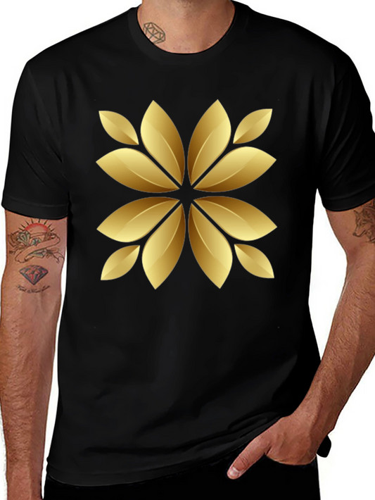 Golden Floral Print Black T-Shirt