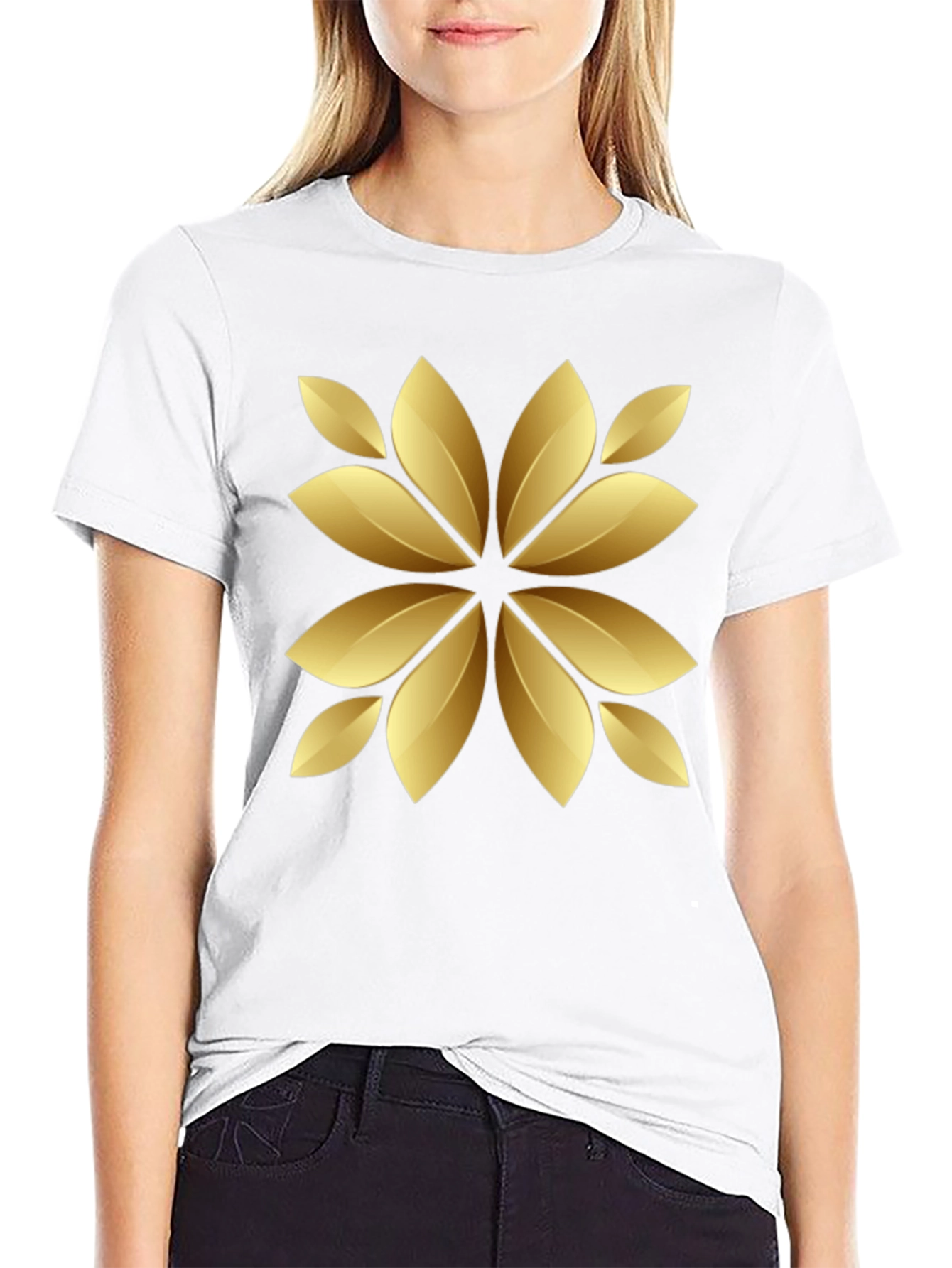 Golden Floral Print Black T-Shirt