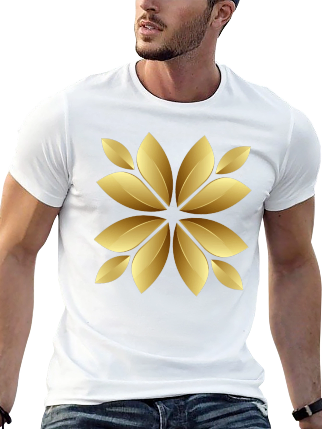Golden Floral Print Black T-Shirt