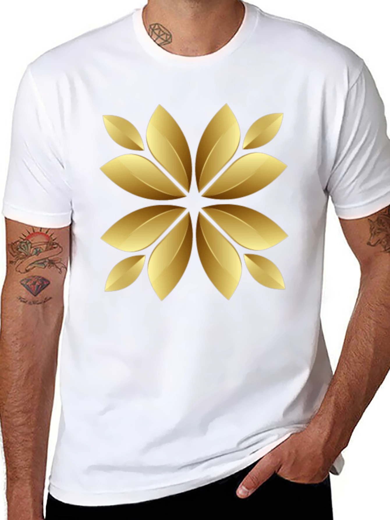 Golden Floral Print Black T-Shirt