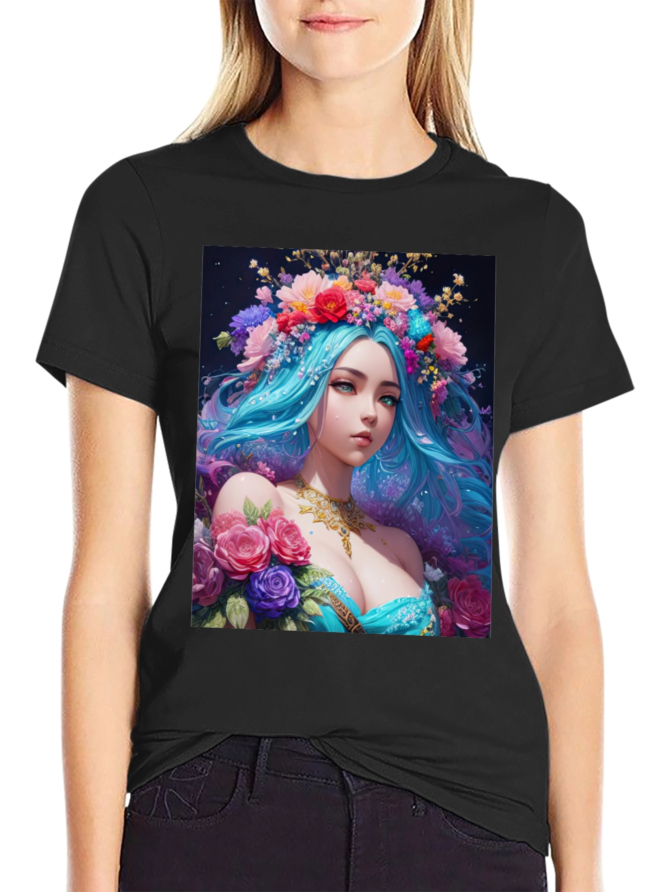 Floral Goddess Graphic T-Shirt - Black