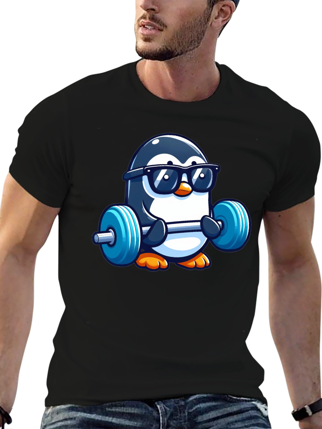 Penguin Lifting Weights Graphic Tee