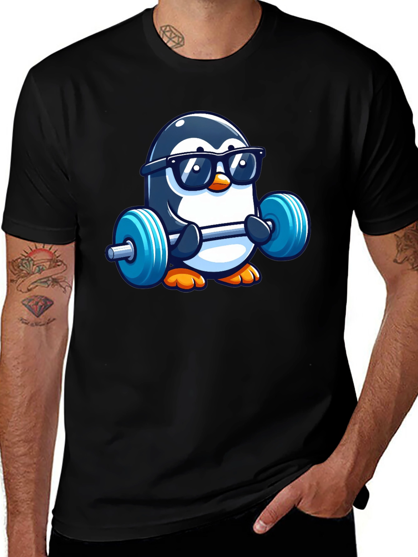 Penguin Lifting Weights Graphic Tee