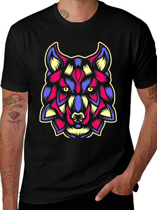 Colorful Wolf Graphic Black T-Shirt