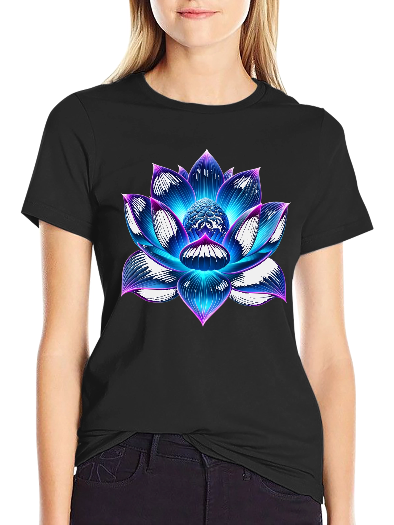 Blue Lotus Flower Graphic T-Shirt - Artistic Design