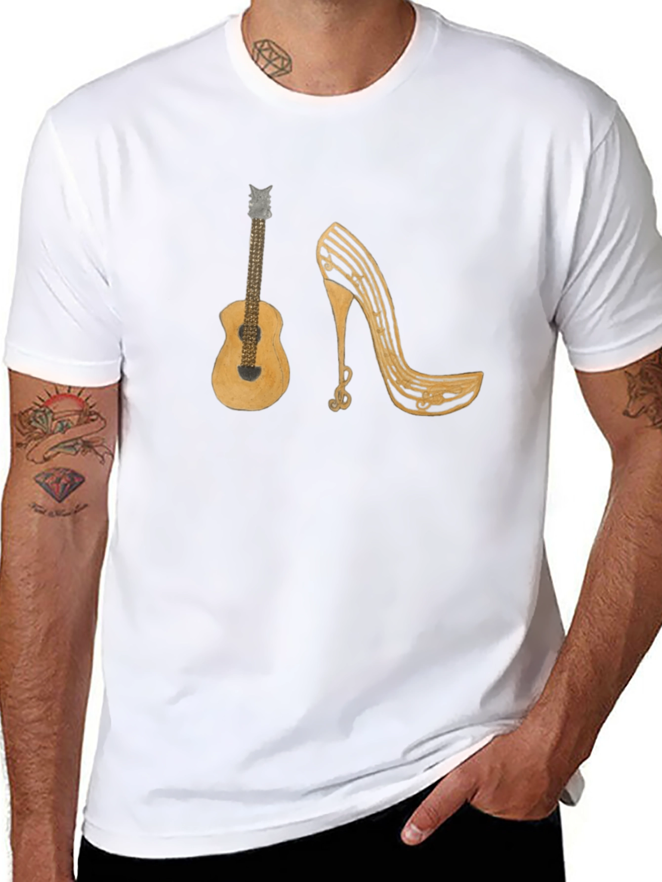 Music Lovers T-Shirt: Guitar & Musical Heel Design