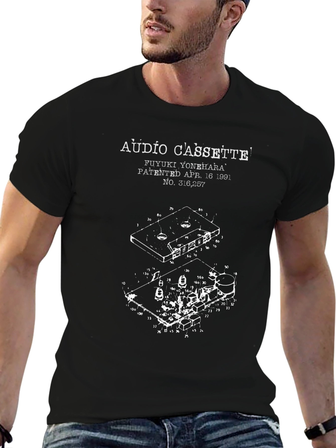 Audio Cassette Patent Print Black T-Shirt