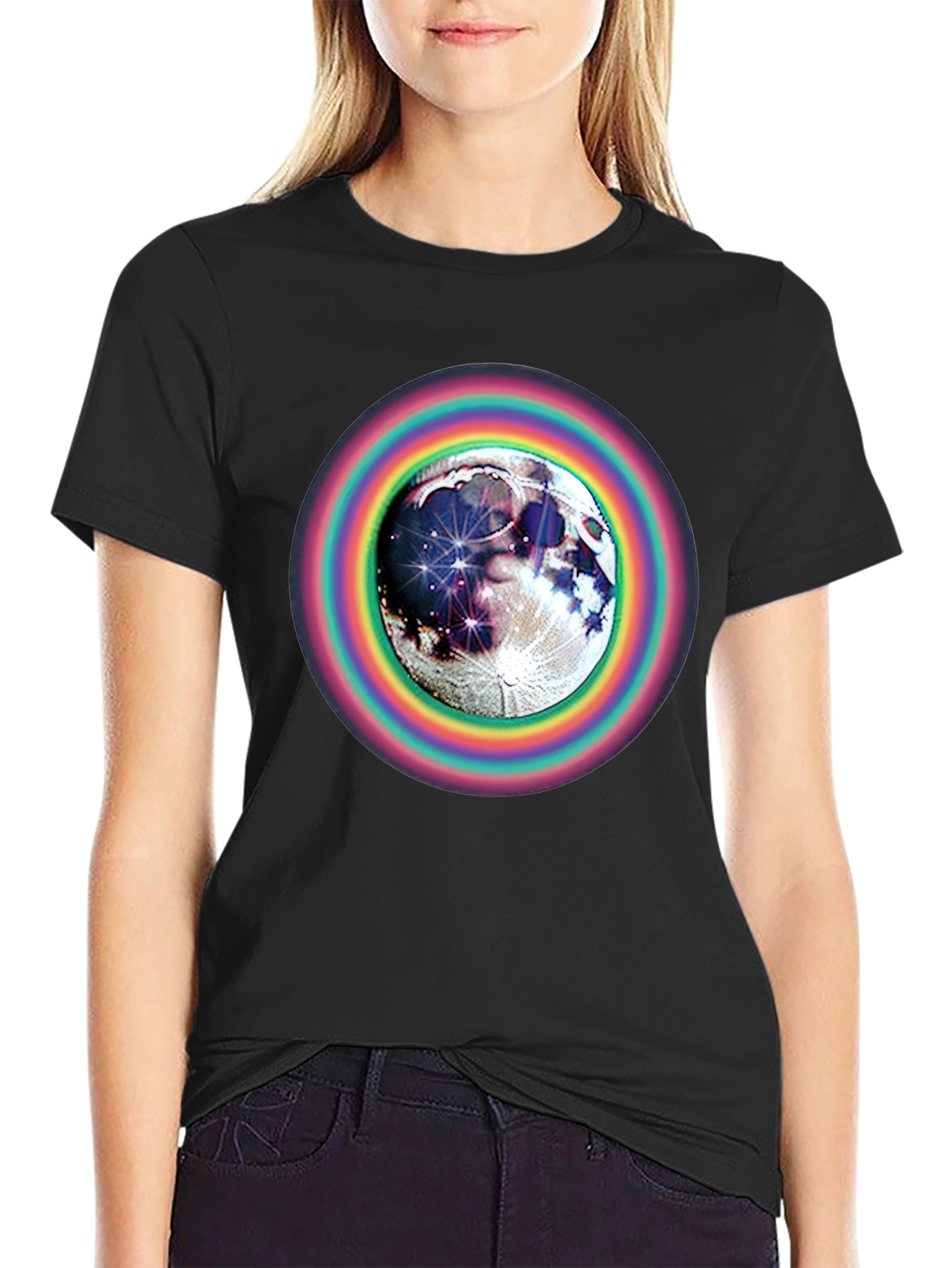 Moon & Rainbow Circle Graphic Black T-Shirt