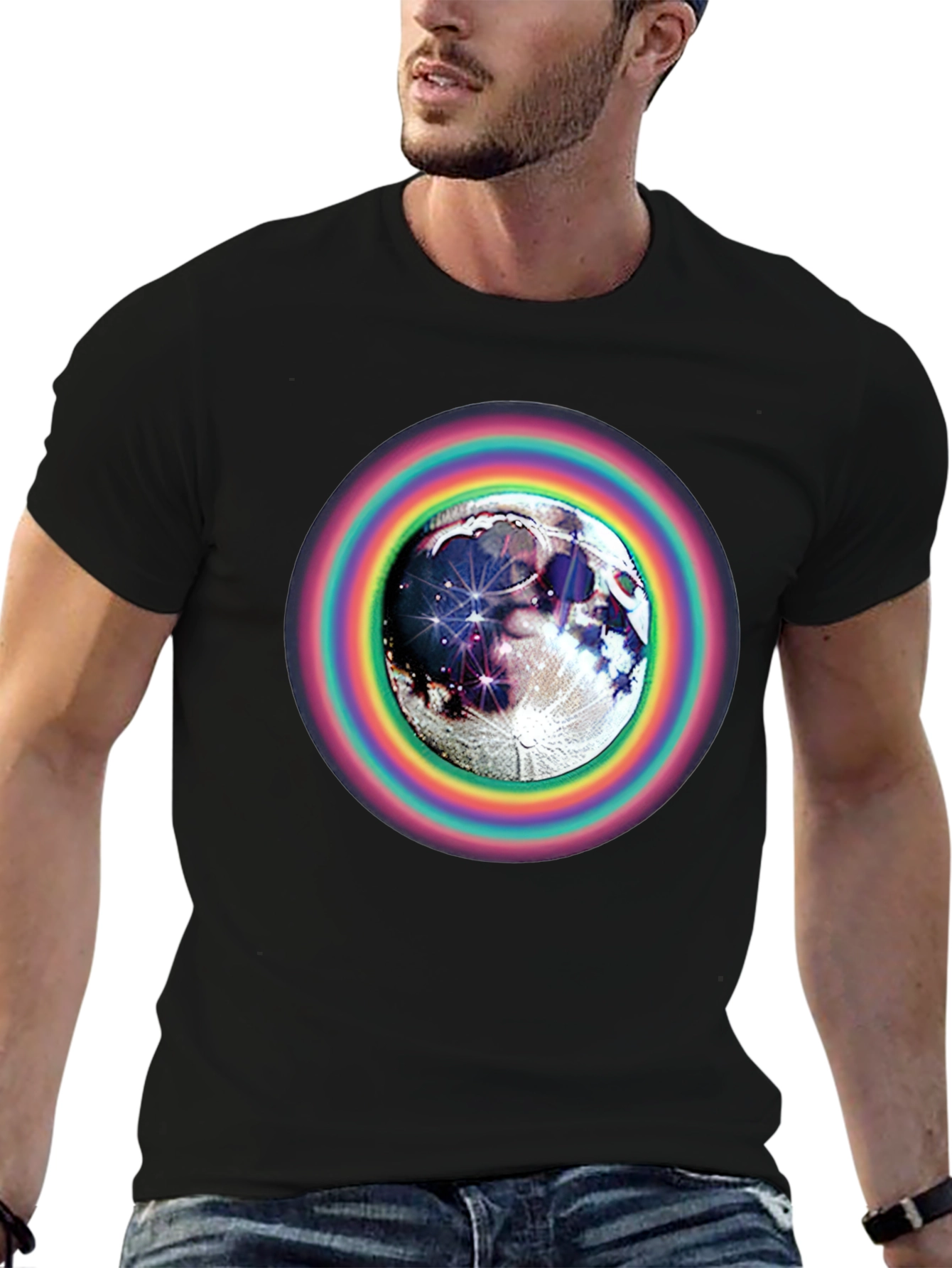 Moon & Rainbow Circle Graphic Black T-Shirt