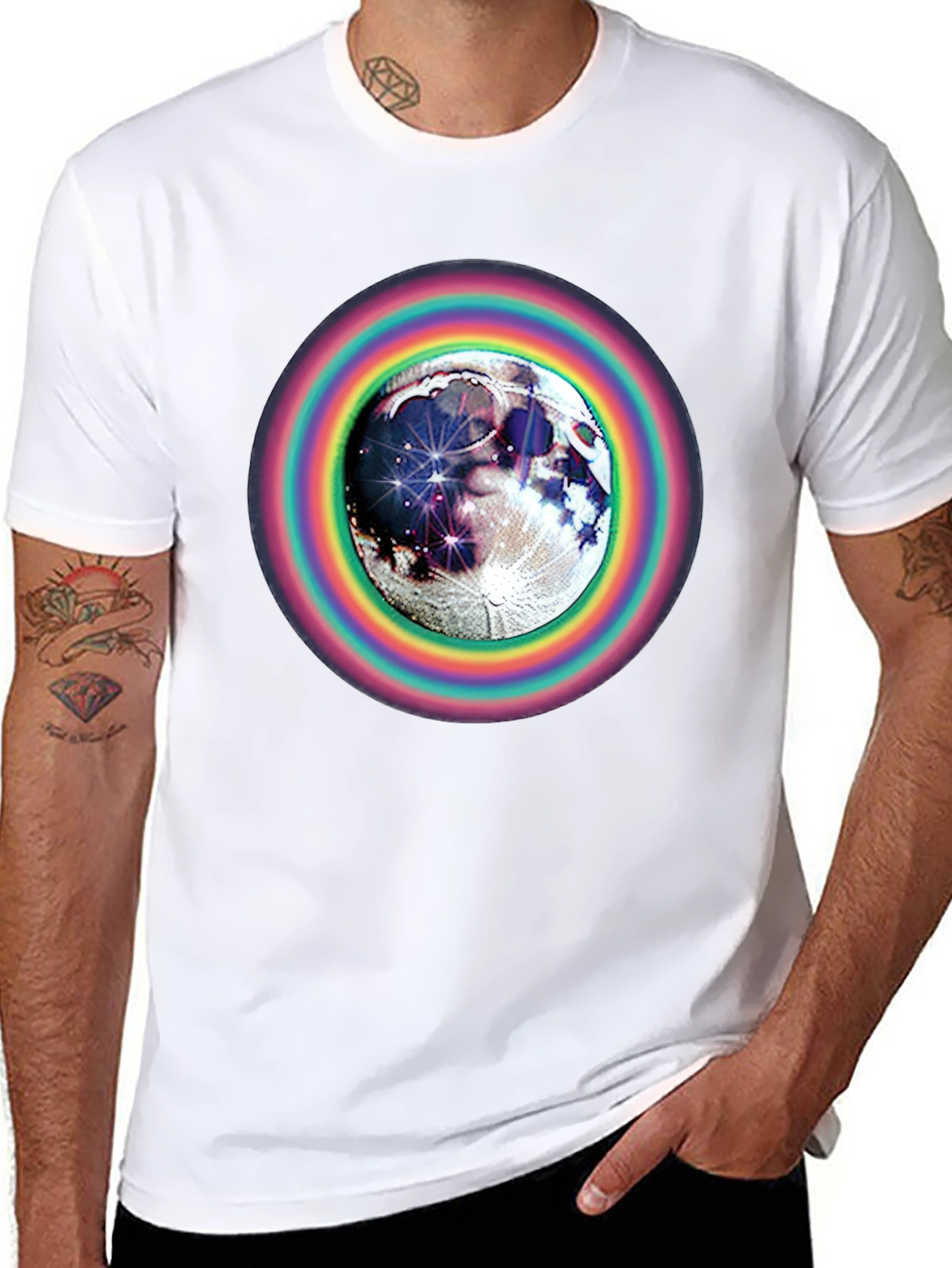 Moon & Rainbow Circle Graphic Black T-Shirt