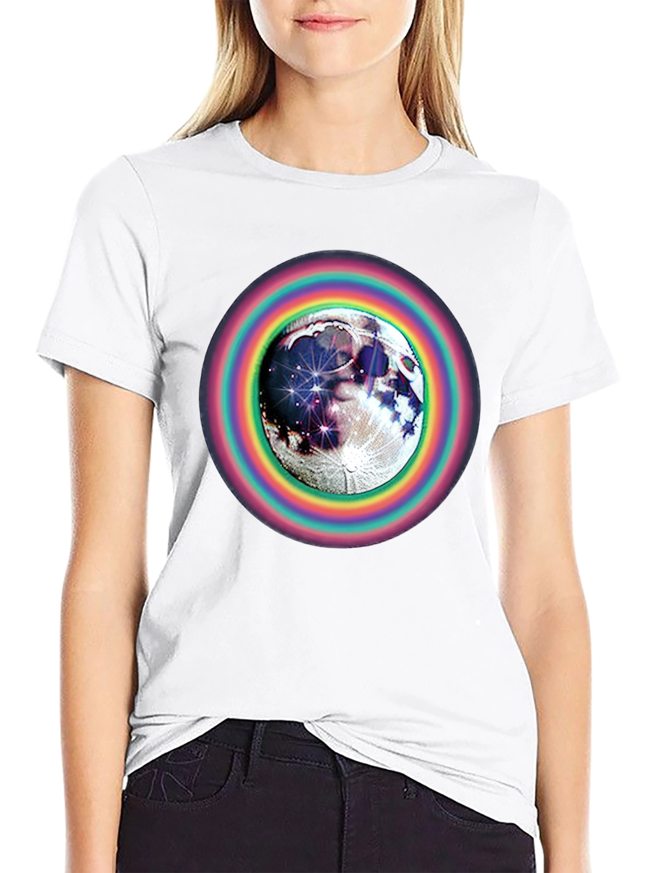 Moon & Rainbow Circle Graphic Black T-Shirt