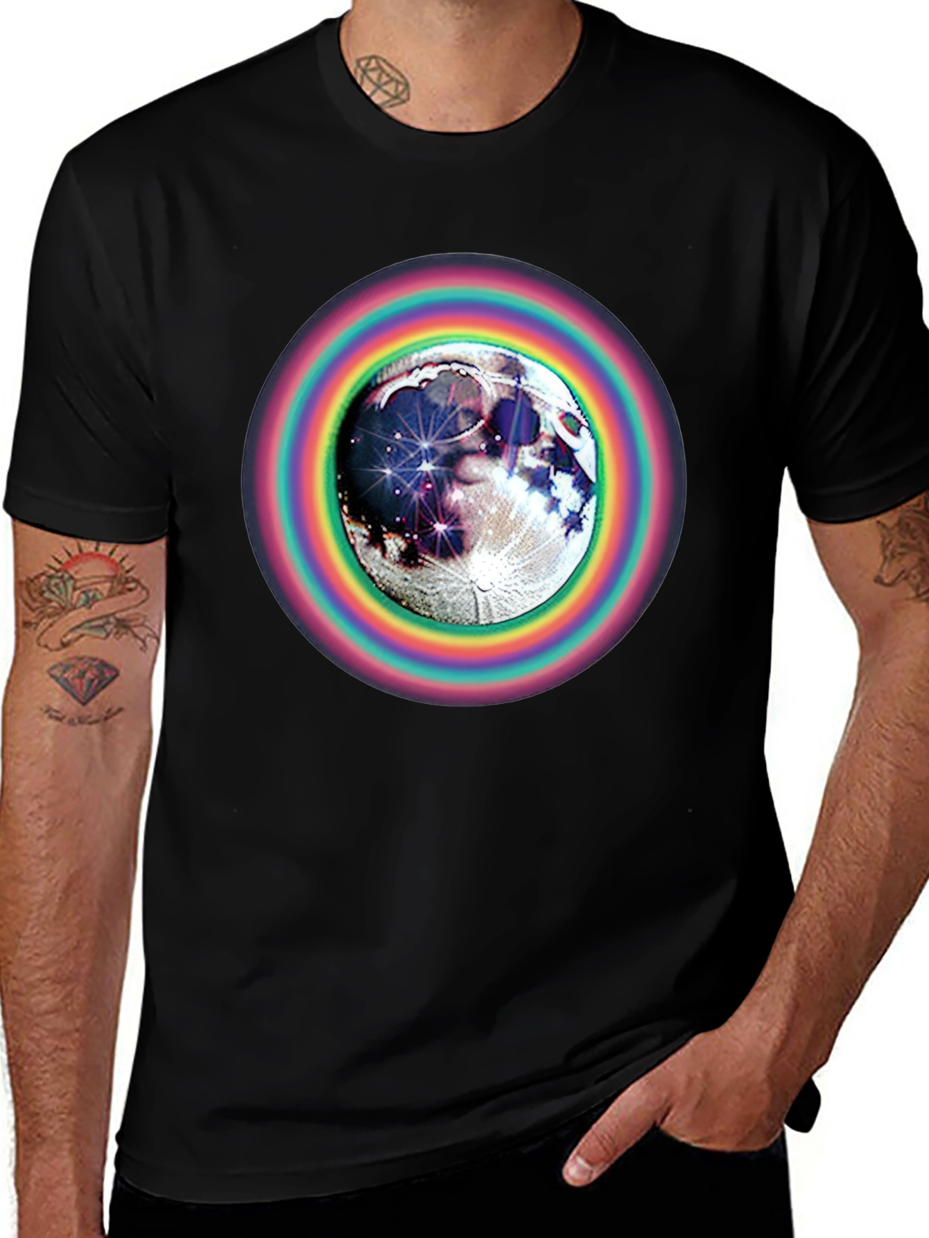 Moon & Rainbow Circle Graphic Black T-Shirt